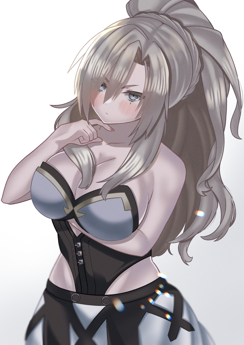 1girl akio_(akio1124) armor bangs bare_shoulders braid breasts cleavage collarbone corset crown_braid fate/grand_order fate_(series) grey_eyes highres kriemhild_(fate) large_breasts long_hair looking_at_viewer mole mole_under_eye pauldrons ponytail shoulder_armor skirt solo underbust white_hair white_skirt