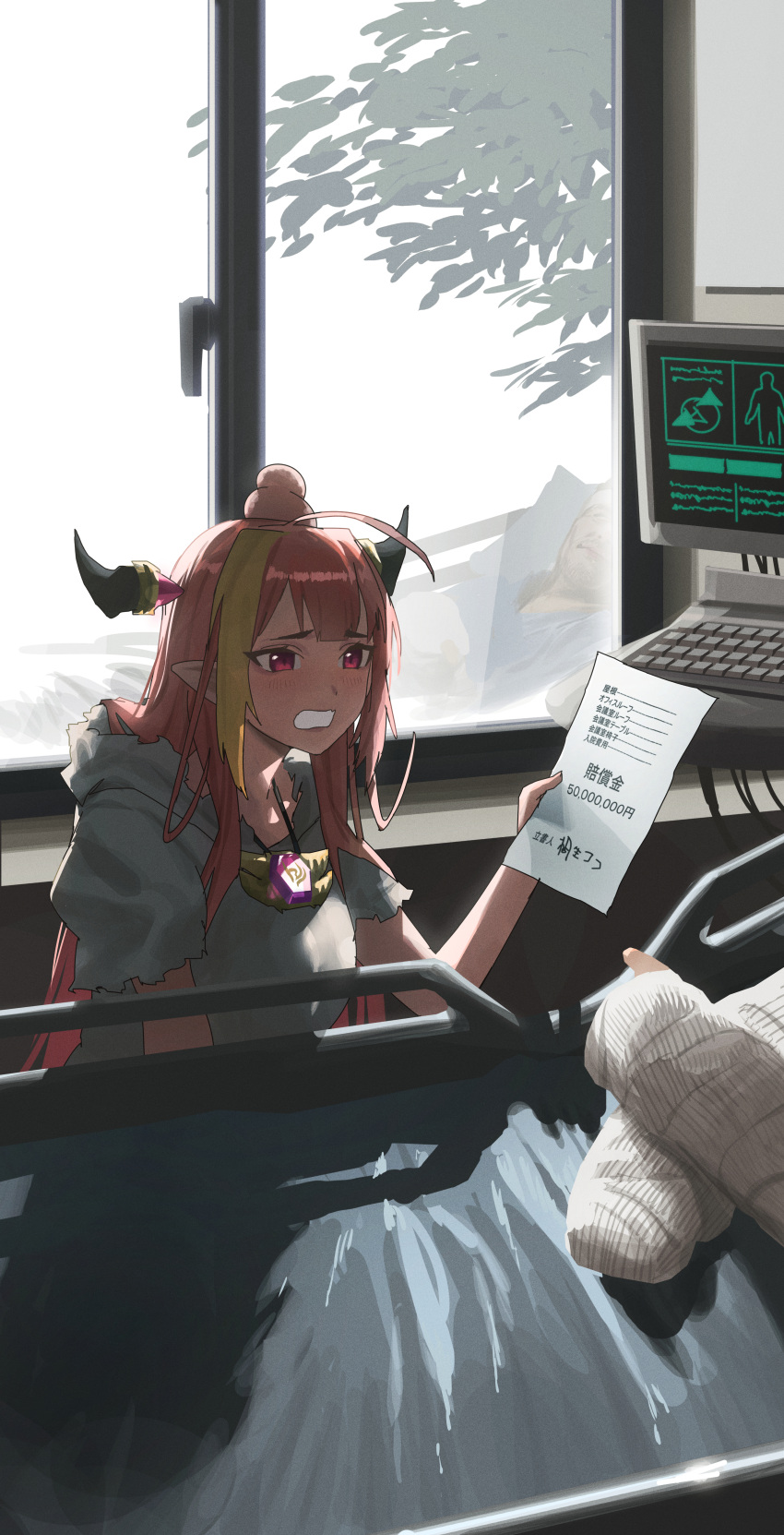1boy 1girl absurdres ahoge bed blonde_hair blush cast dragon_girl dragon_horns dress fang furrowed_brow grey_dress head_bump highres holding holding_paper hololive horns hospital hospital_bed infirmary jewelry keyboard_(computer) kiryu_coco long_hair looking_at_another monitor multicolored_hair open_mouth orange_hair out_of_frame paper pendant pointing_at_another pointy_ears raised_eyebrows receipt reflection solo_focus streaked_hair torn_clothes torn_dress virtual_youtuber window worried xiaoju_xiaojie yagoo