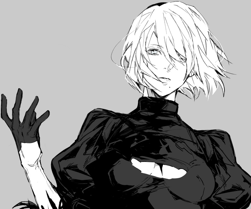 1girl bangs black_gloves gloves highres mole mole_under_mouth more nier_(series) nier_automata nishiii26miii short_hair simple_background solo white_hair yorha_no._2_type_b