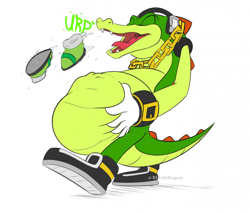 anthro blitzit burping burping_up_objects clothing crocodilian eyes_closed footwear gloves green_body handwear headphones jewelry male necklace reptile scalie sega shoes solo sonic_the_hedgehog_(series) vector_the_crocodile vore vorefan16 watermark