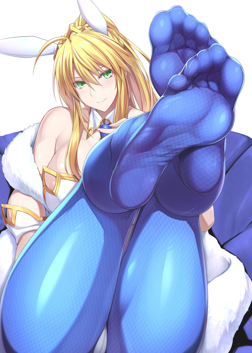 1girl absurdres animal_ears artoria_pendragon_(fate) artoria_pendragon_(swimsuit_ruler)_(fate) blonde_hair blue_legwear blue_necktie blush braid clothing_cutout detached_collar fate/grand_order fate_(series) feather_boa feet fishnet_legwear fishnets foot_focus french_braid green_eyes highleg highleg_leotard highres legs leotard long_hair looking_at_viewer navel_cutout necktie no_shoes pantyhose playboy_bunny rabbit_ears ruton-niki short_necktie smile soles solo tiara toes white_leotard wrist_cuffs