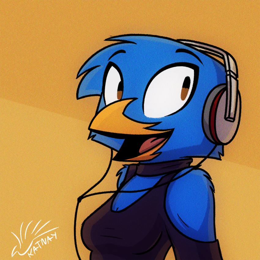 1:1 2022 anthro avian bare_shoulders beak bird blue_body blue_feathers breasts brown_eyes cleavage clothed clothing digital_media_(artwork) feathers female finch happy head_tuft headphones hi_res katnay music oscine passerine signature simple_background smile solo tuft wire worn_down_children zara_(katnay)