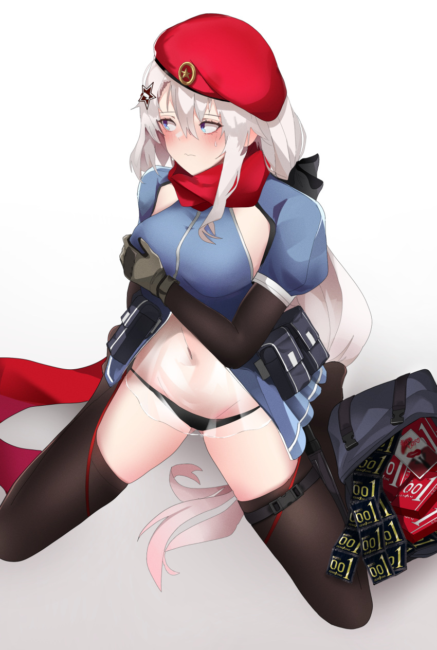 1girl 9a-91_(girls'_frontline) absurdres arm_behind_back bag bangs beret black_gloves black_legwear black_panties blue_dress blue_eyes blush breasts closed_mouth condom condom_box dress elbow_gloves eyebrows_visible_through_hair full_body girls'_frontline gloves hair_ornament hand_on_own_chest hat hat_ornament highres kneeling long_hair looking_away medium_breasts navel panties pz-15 red_headwear red_scarf scarf short_sleeves solo spread_legs star_(symbol) star_hair_ornament star_hat_ornament sweatdrop thighhighs underwear very_long_hair white_background white_hair