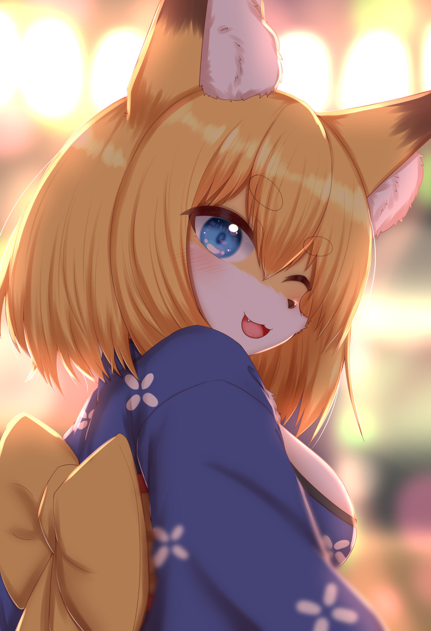 2022 anthro asian_clothing blonde_hair blue_eyes blush breasts canid canine clothed clothing cute_fangs dipstick_ears east_asian_clothing female fox fox_next_door_(horokusa) fur hair happy hi_res horokusa0519 inner_ear_fluff japanese_clothing kemono kimono looking_at_viewer looking_back mammal multicolored_body multicolored_ears multicolored_fur one_eye_closed open_mouth open_smile short_hair smile smiling_at_viewer solo tongue translated_description tuft white_body white_fur wink yellow_body yellow_fur
