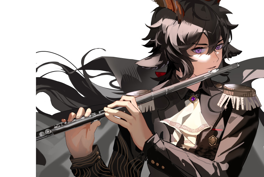 1boy absurdres arknights ascot black_hair brooch ebenholz_(arknights) epaulettes flute highres holding holding_instrument instrument jewelry leleyoukuailele long_hair long_sleeves looking_at_viewer male_focus music playing_instrument purple_eyes simple_background solo upper_body white_ascot white_background