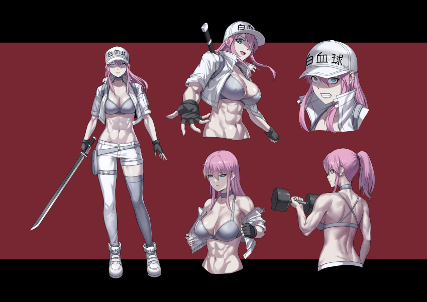 1girl abs aqua_eyes asymmetrical_pants baseball_cap black_gloves bra breasts colored_skin fingerless_gloves flat_cap gloves grey_bra hat hataraku_saibou hataraku_saibou_black highres holding holding_sword holding_weapon jacket katana large_breasts long_hair open_clothes open_jacket pants pink_hair ponytail shoes short_sleeves sidelocks sword underwear weapon white_footwear white_headwear white_jacket white_pants white_skin white_uniform yan_(situyan0303)