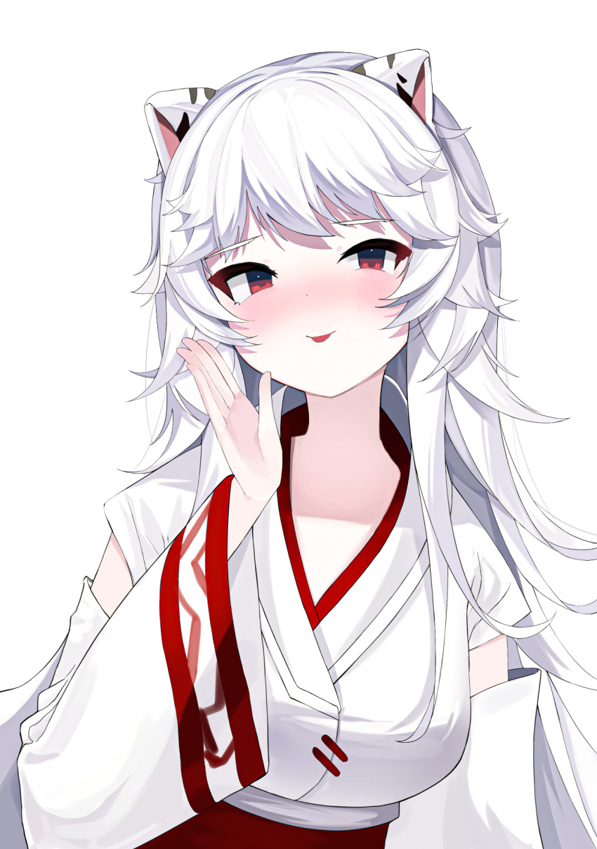 1girl :p ahr_tato animal_ears bangs blush breasts cho_hoya detached_sleeves hand_up highres japanese_clothes kimono large_breasts long_hair long_sleeves looking_at_viewer plumverse red_eyes simple_background solo tiger_ears tiger_girl tongue tongue_out upper_body virtual_youtuber white_background white_hair white_kimono wide_sleeves