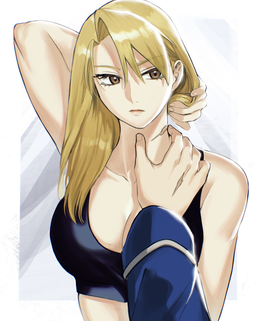 1girl arm_behind_head arm_up bangs bare_shoulders black_tank_top blonde_hair border breasts brown_eyes cleavage closed_mouth collarbone crop_top expressionless eyelashes fullmetal_alchemist grey_background hair_between_eyes hair_lift hand_on_another's_neck highres holding holding_hair large_breasts long_sleeves looking_away out_of_frame ozaki_(tsukiko3) pov pov_hands riza_hawkeye roy_mustang scar scar_on_hand scar_on_neck sideways_glance solo_focus sports_bra tank_top upper_body white_border