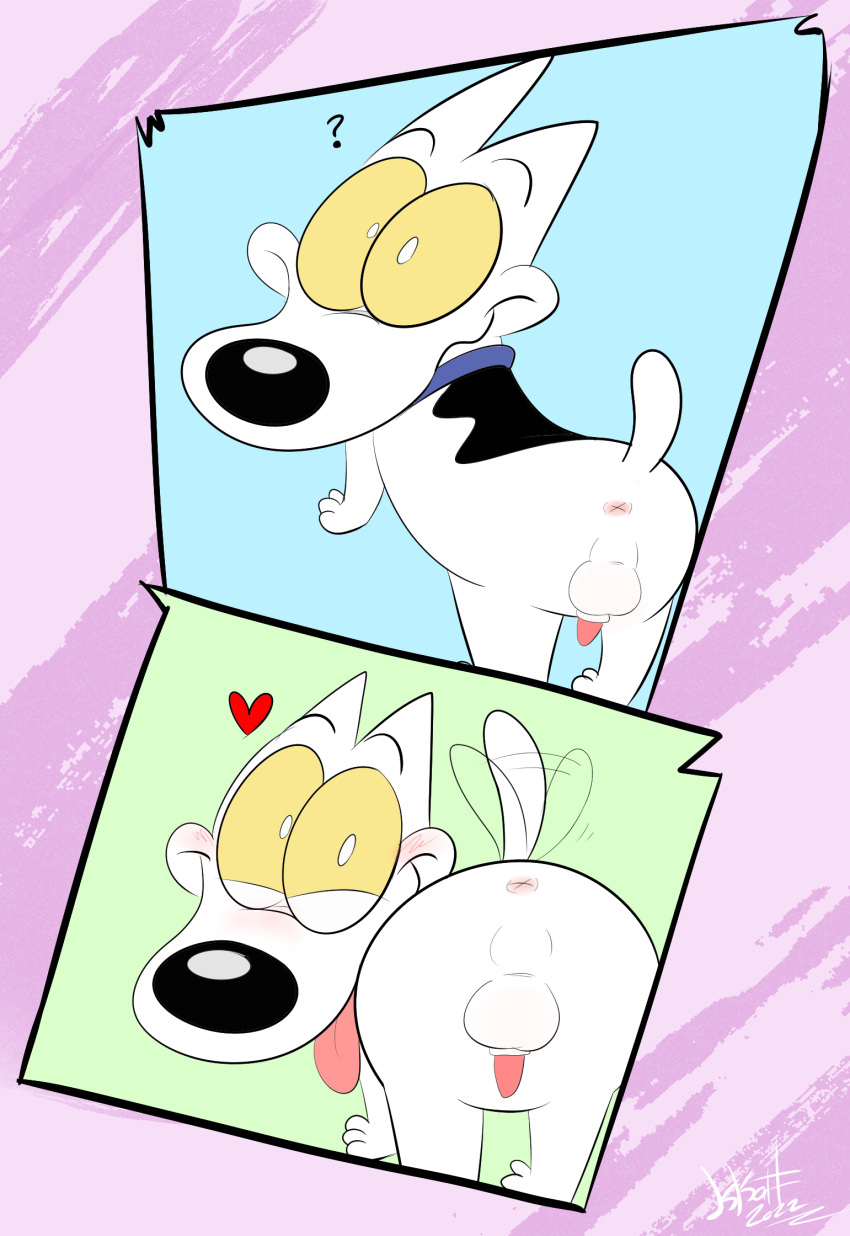 balls blush canid canine canis domestic_dog feral genitals hi_res kippykat male mammal nickelodeon penis presenting rocko's_modern_life solo spunky_(rocko's_modern_life)