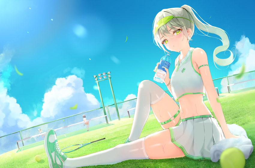 3girls :o akie_(44265104) arm_strap ball bare_arms blue_sky blurry blurry_foreground blush bottle cloud cloudy_sky crop_top dutch_angle grass green_eyes green_footwear green_hair green_headwear highres holding holding_bottle holding_towel long_hair midriff multiple_girls original outdoors pleated_skirt ponytail racket shoes sitting skirt sky sleeveless sneakers solo_focus sportswear stadium_lights sweat tennis tennis_ball tennis_court tennis_net tennis_racket tennis_uniform thighhighs thighs towel two-tone_shirt two-tone_skirt visor_cap water_bottle wet white_legwear white_skirt zettai_ryouiki