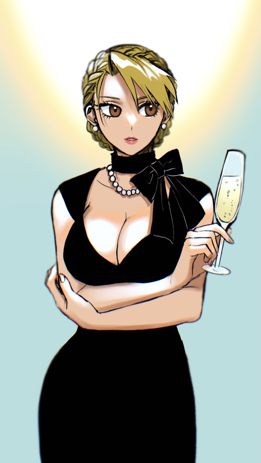 1girl absurdres air_bubble alcohol arms_under_breasts bangs bare_arms bead_necklace beads black_dress blonde_hair blue_background braid breasts brown_eyes bubble choker cleavage cowboy_shot crossed_arms crown_braid cup dress drinking_glass earrings eyelashes formal fullmetal_alchemist hair_between_eyes highres holding holding_cup jewelry large_breasts lipstick makeup necklace ozaki_(tsukiko3) parted_lips pearl_earrings pink_lips riza_hawkeye sideways_glance sleeveless sleeveless_dress solo updo wine