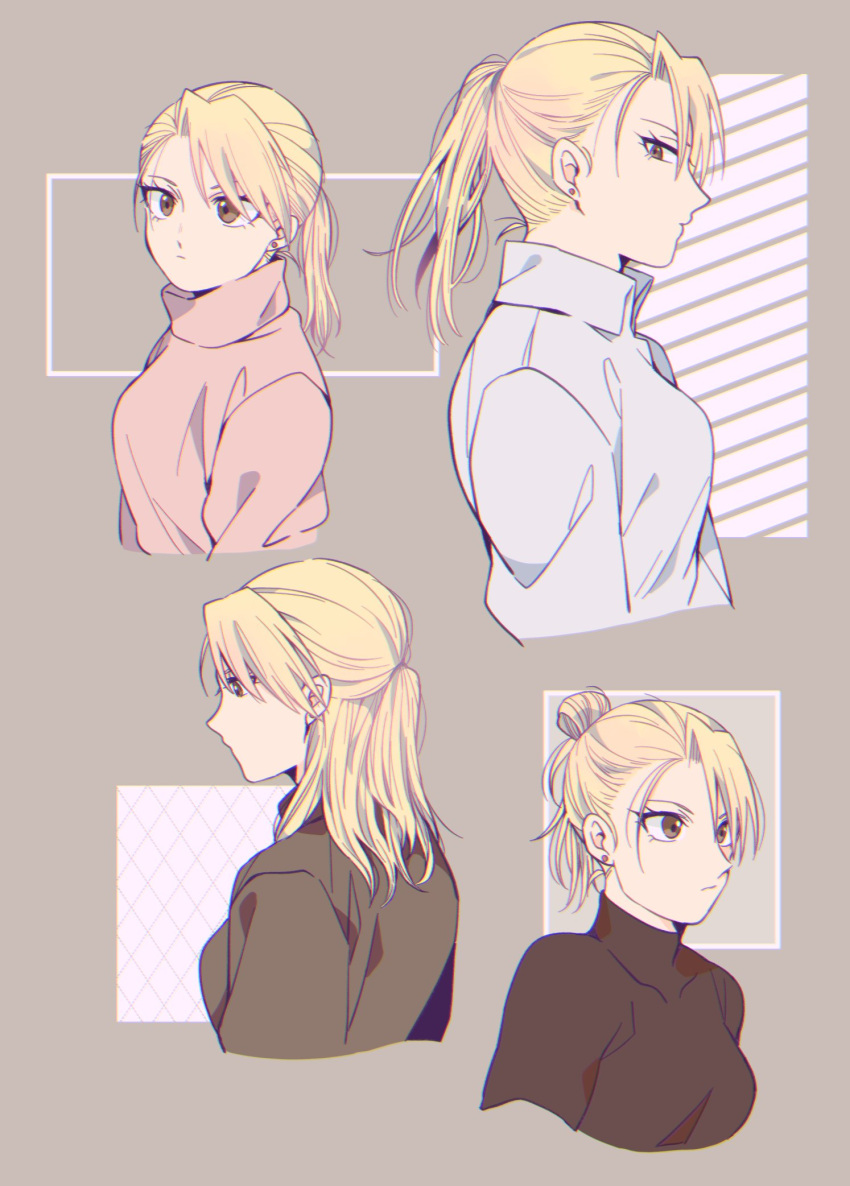 1girl alternate_hairstyle amestris_military_uniform bangs black_shirt blonde_hair breasts brown_background brown_eyes chihiroiai collared_shirt cropped_torso earrings eyelashes fullmetal_alchemist hair_bun half_updo highres jewelry long_sleeves looking_at_viewer looking_away medium_hair multiple_views pink_sweater ponytail profile riza_hawkeye shirt sideways_glance single_hair_bun stud_earrings sweater turtleneck updo white_shirt