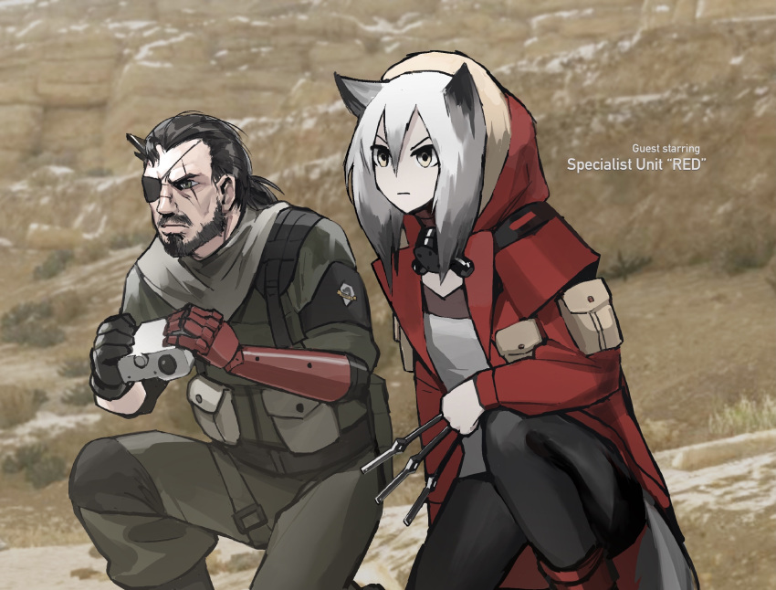 1girl animal_ears arknights artist_request big_boss binoculars eyepatch grey_hair highres hood hooded_jacket horns jacket knife long_sleeves metal_gear_(series) metal_gear_solid metal_gear_solid_v military military_uniform projekt_red_(arknights) prosthesis prosthetic_arm red_jacket scar scar_on_face single_horn tail uniform venom_snake wolf_ears wolf_girl wolf_tail