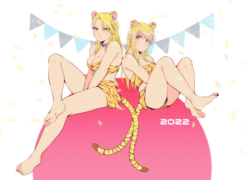 2girls animal_ear_fluff animal_ears bandeau bare_arms bare_legs bare_shoulders barefoot between_legs blonde_hair blue_eyes breasts brown_eyes chihiroiai chinese_zodiac cleavage closed_mouth collar collarbone confetti dated ear_piercing earrings extra_ears fake_animal_ears fang fang_out feet feet_up frown full_body fullmetal_alchemist hand_between_legs highres jewelry knee_up knees_up leaning_back long_hair looking_at_viewer miniskirt multiple_earrings multiple_girls piercing print_shorts riza_hawkeye shorts sitting skirt skirt_set smile soles strapless string_of_flags tail tiger_ears tiger_girl tiger_stripes tiger_tail toes v_arms winry_rockbell year_of_the_tiger yellow_shorts yellow_skirt