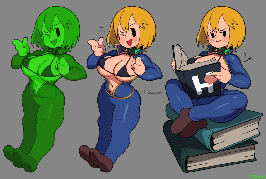 1girl artist_name bikini bikini_top_only blonde_hair book breasts collar fallout_(series) grey_background hair_between_eyes highres jumpsuit large_breasts navel open_clothes pointing short_hair swimsuit vault_girl vault_suit waa153