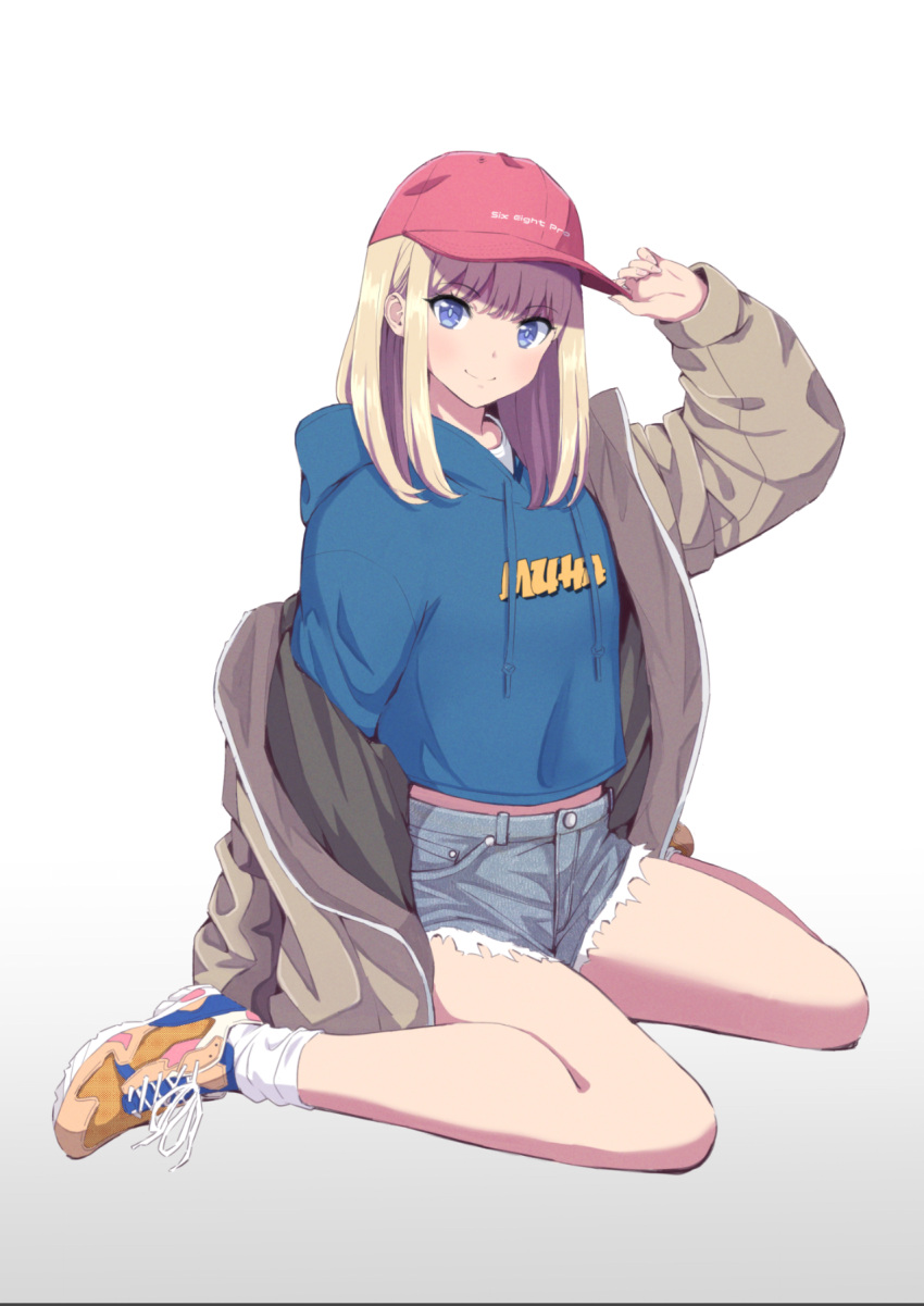 1girl adjusting_clothes adjusting_headwear baseball_cap blonde_hair blue_eyes blue_hoodie blue_shorts brown_jacket commentary_request full_body haaam hat highres hood hoodie jacket long_hair long_sleeves looking_at_viewer orange_footwear original red_headwear shoes short_shorts shorts simple_background sitting smile sneakers socks solo white_background white_legwear