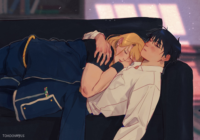 1boy 1girl aiguillette amestris_military_uniform bangs black_hair blonde_hair blue_jacket blue_pants blush bookshelf closed_eyes collared_shirt couch couple cowboy_shot day earrings from_side fullmetal_alchemist hair_behind_ear hand_on_another's_shoulder hetero highres hug indoors jacket jacket_removed jewelry long_sleeves lying lying_on_person on_back on_couch on_stomach pants raicchi_(raicchi96) riza_hawkeye roy_mustang shirt short_hair short_sleeves sleeping stud_earrings tight tight_shirt toned twitter_username window_shade wristband