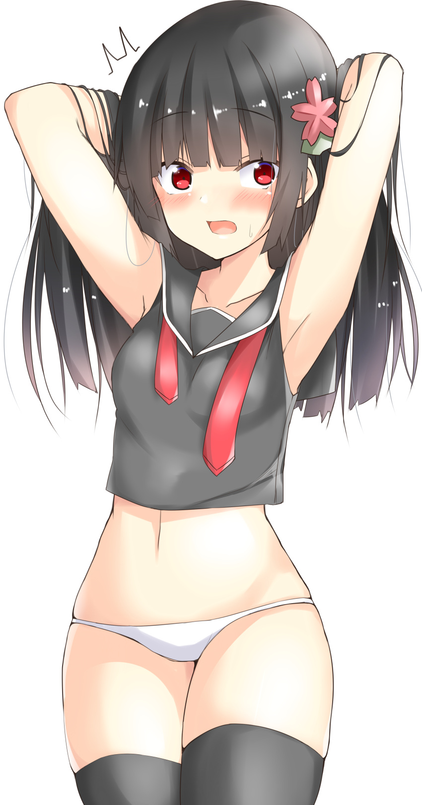 1girl absurdres arms_up black_hair blush breasts dot_nose eyebrows_visible_through_hair girls'_frontline highres navel raion_(inoueraion) red_eyes simple_background solo tagme thighs type_100_(girls'_frontline) white_background