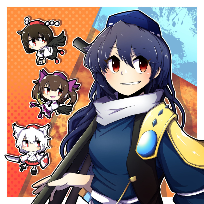 4girls animal_ear_fluff animal_ears armor bangs black_hair black_wings blush brown_hair closed_mouth commentary_request dotted_background feathered_wings geta grin hat highres himekaidou_hatate hurin_raika iizunamaru_megumu inubashiri_momiji long_hair long_sleeves looking_at_viewer multiple_girls open_mouth pauldrons pom_pom_(clothes) purple_eyes red_eyes shameimaru_aya shield shirt short_hair shoulder_armor single_pauldron smile sword tail tengu-geta tokin_hat touhou tripod two_side_up weapon white_hair white_shirt wings wolf_ears wolf_tail