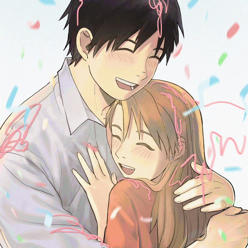 1boy 1girl ^_^ bangs black_hair blonde_hair blush casual closed_eyes collared_shirt confetti couple doya fullmetal_alchemist hair_down hand_on_another's_chest hand_up hands_up hetero highres hug laughing long_hair long_sleeves motion_blur riza_hawkeye roy_mustang shirt short_hair streamers white_background white_shirt