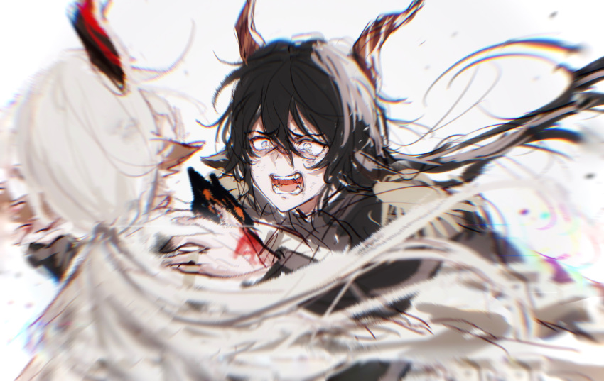 2boys absurdres animal_ears arknights bangs black_hair blood blood_on_hands calcite_(arknights) crying crying_with_eyes_open ebenholz_(arknights) epaulettes eyebrows_visible_through_hair goat_boy goat_ears goat_horns highres horns long_hair low_ponytail multiple_boys open_mouth simple_background sketch tears upper_body very_long_hair white_background white_eyes white_hair zuo_daoxing