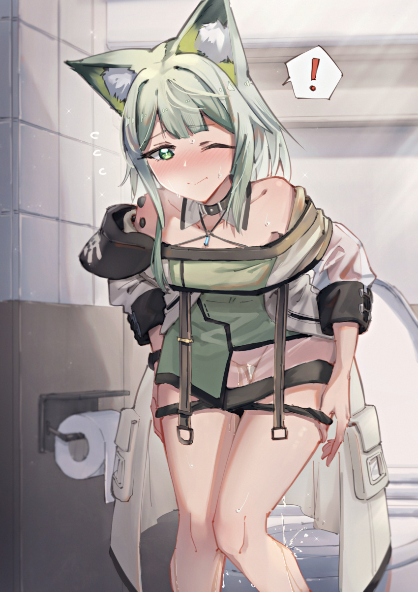 ! 1girl animal_ear_fluff animal_ears arknights bangs bare_shoulders bathroom black_panties blush breasts breath cleavage closed_mouth coat collar collarbone commentary detached_collar dress embarrassed failure flying_sweatdrops fox_ears fox_girl green_dress green_eyes green_hair have_to_pee highres indoors kal'tsit_(arknights) knees_together_feet_apart leaning_forward light_rays long_hair looking_down medium_breasts nose_blush off_shoulder one_eye_closed open_clothes open_coat oripathy_lesion_(arknights) panties panty_pull pee peeing pocket pulled_by_self revision rune_(pixiv_25170019) see-through see-through_dress see-through_sleeves short_dress sidelocks solo speech_bubble split_mouth spoken_exclamation_mark standing sweat tile_wall tiles toilet toilet_paper toilet_use underwear watch white_coat wince wristwatch