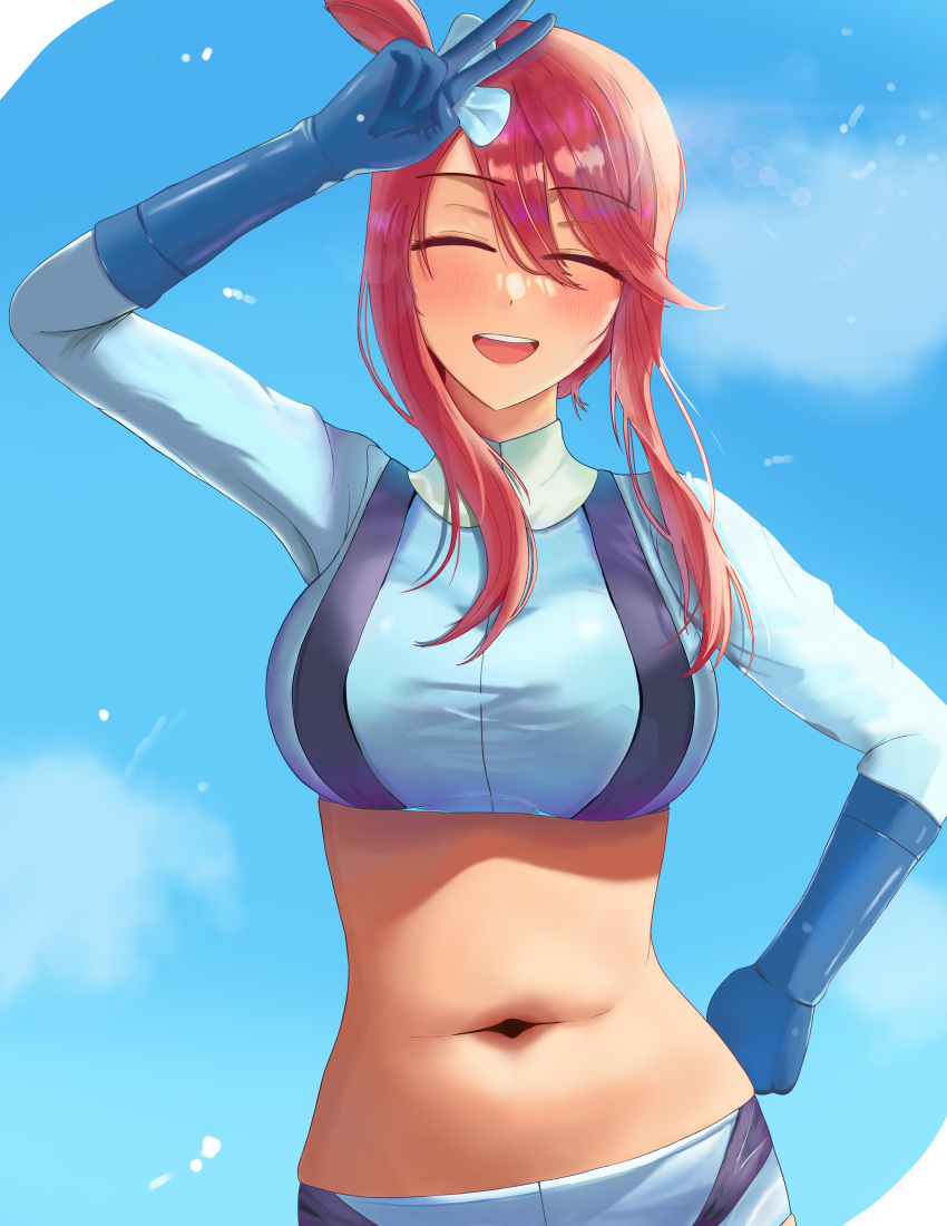 1girl :d absurdres arm_up blue_gloves blue_jacket blue_shorts breasts closed_eyes cloud commentary cropped_jacket day gloves hair_ornament hand_on_hip highres jacket king0banana midriff navel one_side_up open_mouth outdoors pokemon pokemon_(game) pokemon_bw red_hair short_hair_with_long_locks shorts sidelocks sky skyla_(pokemon) smile solo teeth tongue turtleneck upper_teeth v