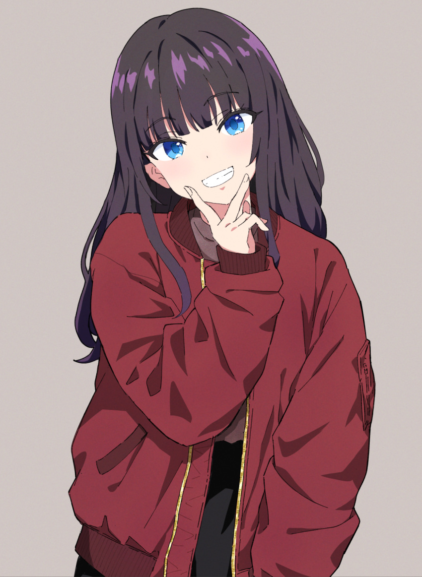 1girl bangs black_hair blue_eyes blunt_bangs commentary eyebrows_visible_through_hair grey_background haaam highres jacket long_hair long_sleeves open_clothes open_jacket original red_jacket simple_background smile solo teeth upper_body v