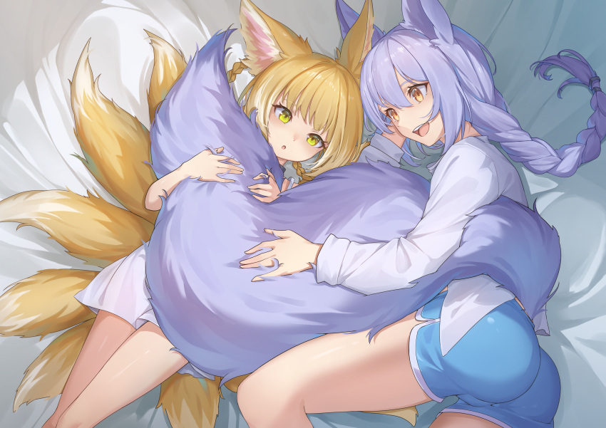 2girls :d absurdres alternate_costume animal_ears arknights ass blonde_hair blue_shorts braid commentary_request dress fox_tail gus1999 highres large_tail long_hair long_sleeves multiple_girls multiple_tails open_mouth parted_lips provence_(arknights) purple_hair shirt short_dress short_shorts shorts single_braid smile spaghetti_strap suzuran_(arknights) tail thighs white_dress white_shirt wolf_ears wolf_tail yellow_eyes