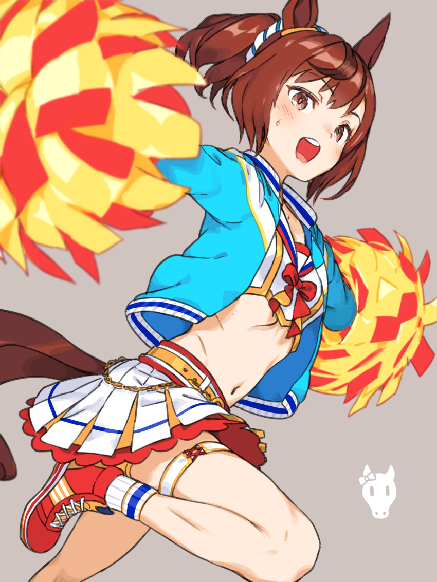 1girl absurdres animal_ears blue_jacket brown_eyes brown_hair cheerleader commentary grey_background haimura_kiyotaka highres horse_ears horse_girl horse_tail jacket leg_garter legs looking_at_viewer medium_hair midriff multicolored_hair navel nice_nature_(umamusume) open_mouth outstretched_arms pom_pom_(cheerleading) ponytail red_footwear red_hair roar_yell!_tracen_academy_cheerleading_squad_(umamusume) sailor_collar sailor_shirt shirt shoes short_hair simple_background solo streaked_hair tail teeth umamusume upper_teeth