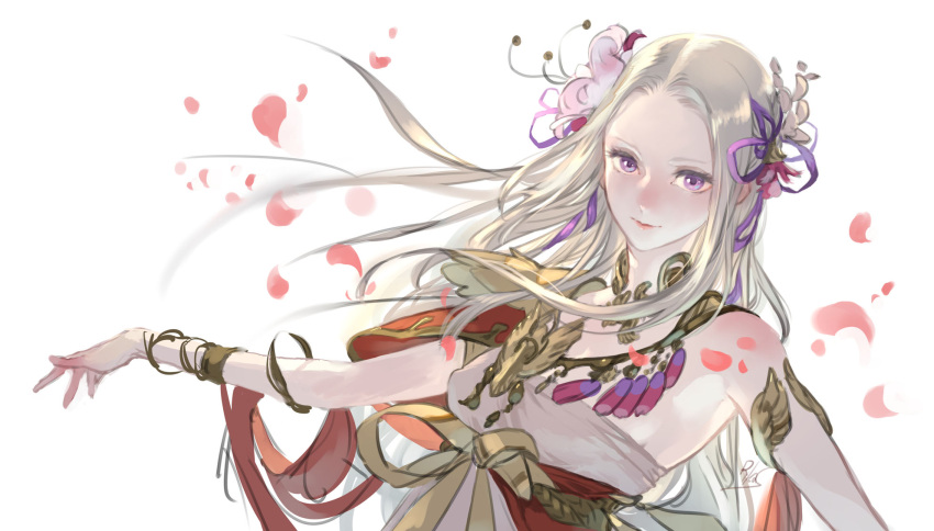 1girl armlet bare_shoulders belly_chain blurry bracelet breasts choker cleavage dancer dancer_(three_houses) depth_of_field dress edelgard_von_hresvelg fire_emblem fire_emblem:_three_houses flower greek_clothes hair_flower hair_ornament hair_ribbon highres jewelry long_hair looking_at_viewer medium_breasts petals purple_eyes ribbon simple_background single-shoulder_dress solo suzuki_rika tunic upper_body white_background