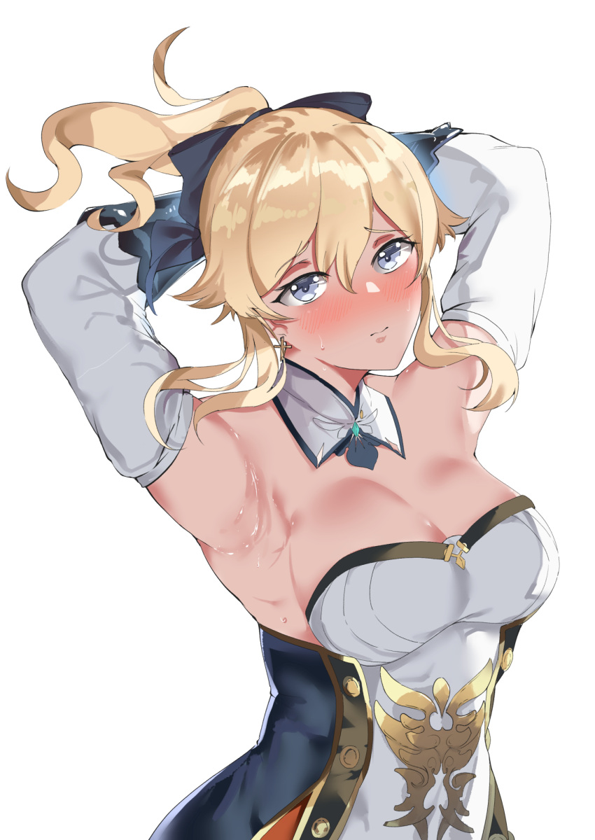 1girl armpits arms_up bangs blonde_hair blush bow breasts cleavage collar detached_collar detached_sleeves eyebrows_visible_through_hair genshin_impact grey_eyes hair_between_eyes hair_bow highres hukii jean_(genshin_impact) looking_at_viewer ponytail sidelocks simple_background small_breasts sweat upper_body white_background
