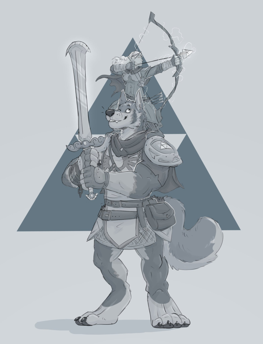 anthro armor bow_(weapon) canid canine canis duo female fur hi_res human humanoid link_(wolf_form) male male/female mammal melee_weapon nintendo princess_zelda ranged_weapon simple_background sixsydes smile smiling_at_partner sword the_legend_of_zelda video_games weapon wolf