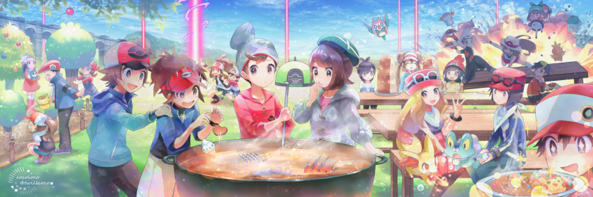 0_0 6+boys 6+girls :d antenna_hair artist_name backpack bag beanie bench blue_jacket boots brendan_(pokemon) brown_eyes brown_hair bulbasaur buttons calem_(pokemon) cardigan chase_(pokemon) cloud coat cocoloco commentary_request cooking curry dawn_(pokemon) day double_bun dress elaine_(pokemon) elio_(pokemon) energy_beam ethan_(pokemon) explosion fennekin food froakie gloria_(pokemon) grass green_headwear grey_cardigan grey_headwear hair_bun hand_on_another's_shoulder hat hilbert_(pokemon) hilda_(pokemon) holding holding_pokemon hood hooded_cardigan hooded_jacket jacket leaf_(pokemon) lucas_(pokemon) lyra_(pokemon) may_(pokemon) mudkip multiple_boys multiple_girls napkin nate_(pokemon) open_mouth outdoors pants pikachu pink_dress piplup plate poke_ball_print pokemon pokemon_(creature) pokemon_(game) pokemon_bw pokemon_bw2 pokemon_dppt pokemon_emerald pokemon_frlg pokemon_hgss pokemon_lgpe pokemon_platinum pokemon_rgby pokemon_rse pokemon_sm pokemon_swsh pokemon_xy ponytail pot red_(pokemon) red_coat red_headwear red_shirt red_skirt rice rosa_(pokemon) rowlet scarf selene_(pokemon) serena_(pokemon) shirt shoes short_hair short_sleeves sitting skirt sky smile squatting standing star_(symbol) tam_o'_shanter torchic tree twitter_username vanillite victor_(pokemon) visor_cap white_legwear