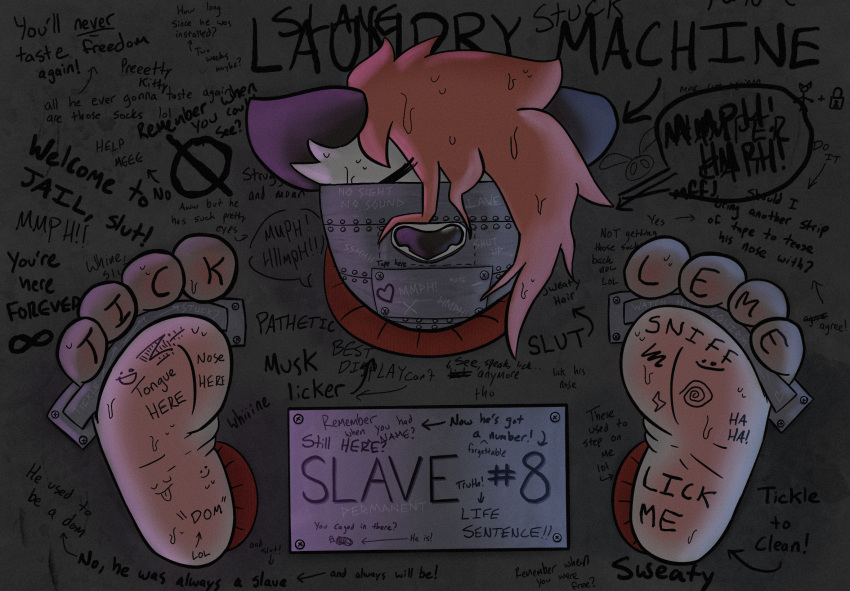 2022 4_toes ambiguous_gender anthro bdsm black_nose bodily_fluids body_writing bondage bound buntomo digital_drawing_(artwork) digital_media_(artwork) english_text extreme_bondage feet felid foot_fetish foot_focus fur hair hi_res hole_in_wall mammal pantherine red_hair roxxie_schnee slave snow_leopard sweat text through_wall toes trapped white_body white_fur