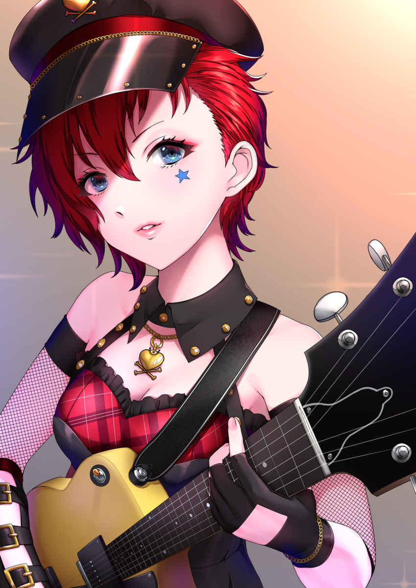 1girl blue_eyes breasts cleavage facial_mark fingerless_gloves gloves guitar highres holding holding_instrument idolmaster idolmaster_million_live! idolmaster_million_live!_theater_days instrument jewelry julia_(idolmaster) looking_at_viewer maou_(demonlord) music necklace playing_instrument red_hair short_hair smile solo star_(symbol)