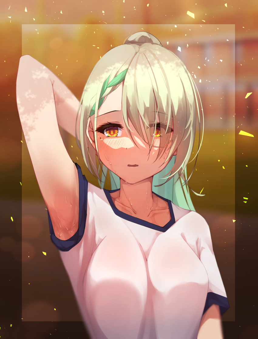 1girl absurdres arm_behind_head arm_up armpits bangs braid breasts ceres_fauna collarbone drawing embers eyebrows_visible_through_hair eyelashes green_hair gym gym_shirt hair_over_eyes highres hololive hololive_english idol looking_afar mole mole_under_eye open_mouth outdoors playing_sports ponytail renmuramasa school_uniform shadow shirt short_sleeves sweat t-shirt virtual_youtuber white_shirt yellow_eyes