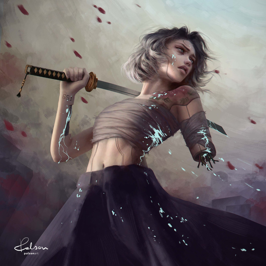 1girl absurdres amputee android artist_name bandaged_arm bandages blood blood_on_arm blood_on_clothes blood_on_face blue_blood blue_eyes chest_sarashi circuit english_commentary from_below grey_hair highres holding holding_sword holding_weapon katana long_skirt looking_afar looking_back missing_limb navel numbered original over_shoulder palsonart parted_lips realistic sarashi signature simple_background skirt solo sword sword_over_shoulder tattoo weapon weapon_over_shoulder