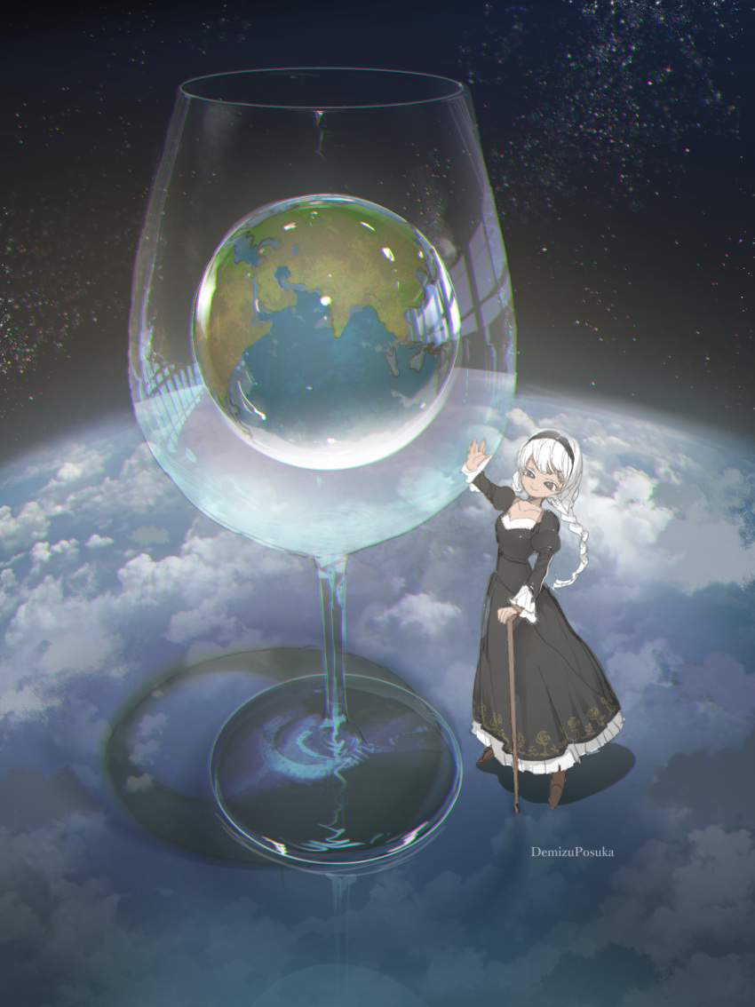 1girl artist_name black_dress black_eyes black_hairband boots braid braided_ponytail bright_pupils cane closed_mouth cloud collarbone commentary cup demizu_posuka dress drinking_glass earth_(planet) hairband highres juliet_sleeves long_dress long_hair long_sleeves original oversized_object planet puffy_sleeves smile solo space star_(sky) touching white_hair white_pupils wide_shot wine_glass