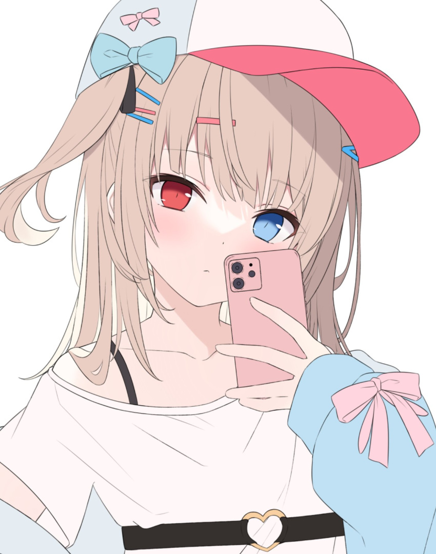 1girl bangs baseball_cap blue_bow blue_eyes blue_headwear blue_jacket bow brown_hair cellphone closed_mouth collarbone commentary eyebrows_visible_through_hair hair_ornament hairclip hand_up hat heart_o-ring heterochromia highres hitsukuya holding holding_phone jacket long_hair long_sleeves looking_at_viewer off_shoulder one_side_up original phone puffy_long_sleeves puffy_sleeves red_eyes shirt short_sleeves simple_background sleeves_past_wrists solo upper_body white_background white_shirt