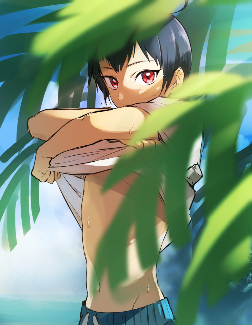 1boy bangs black_hair blue_male_underwear blurry brendan_(pokemon) clothes_lift commentary_request day highres leaf lifted_by_self looking_at_viewer male_focus male_swimwear male_underwear navel outdoors pokemon pokemon_adventures red_eyes shirt shirt_lift short_hair short_sleeves solo sweat t-shirt underwear undressing white_shirt yukin_(es)