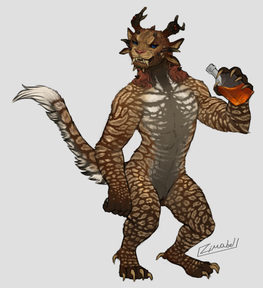 2022 4_ears 4_horns biped blue_eyes bottle brown_body brown_fur charr claws dewclaw digital_media_(artwork) fangs felid female finger_claws flat_chested fur genitals grey_body grey_fur guild_wars hair hi_res holding_bottle holding_object horn mammal multi_ear multi_horn pussy red_hair simple_background solo toe_claws video_games white_background white_body white_fur zimabel