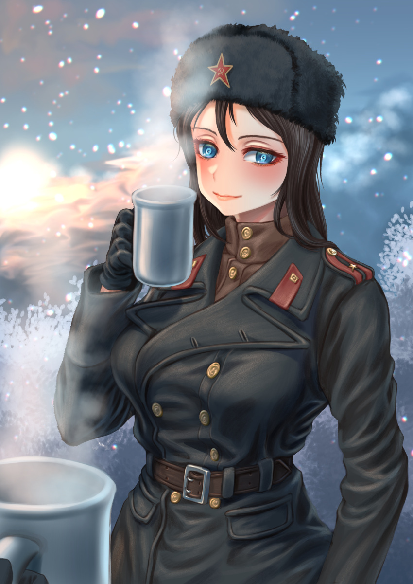 1girl bangs belt black_belt black_coat black_gloves black_hair black_headwear blue_eyes brown_shirt closed_mouth coat coffee_mug commentary cup epaulettes fur_hat girls_und_panzer gloves hammer_and_sickle hat highres holding holding_cup long_hair looking_at_viewer military mug nonna_(girls_und_panzer) out_of_frame outdoors pov shirt smile snowing solo_focus soviet soviet_army standing steam sunrise swept_bangs tigern_(tigern28502735) trench_coat turtleneck ushanka world_war_ii