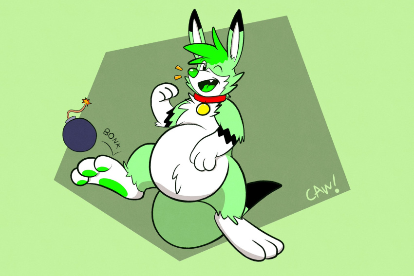 2022 anthro belly belly_tuft big_belly birbcaw bomb chest_tuft collar cute_fangs digital_media_(artwork) dipstick_ears dipstick_tail explosives fur green_body green_fur green_hair hair hi_res kick long_ears louie_(bomberman) male mammal markings marsupial multicolored_body multicolored_ears multicolored_fur one_eye_closed open_mouth pattern_background pawpads paws pixl_(pixlouie) semi-anthro signature simple_background solo tail_markings tuft tufted_fur video_games white_body white_fur wink