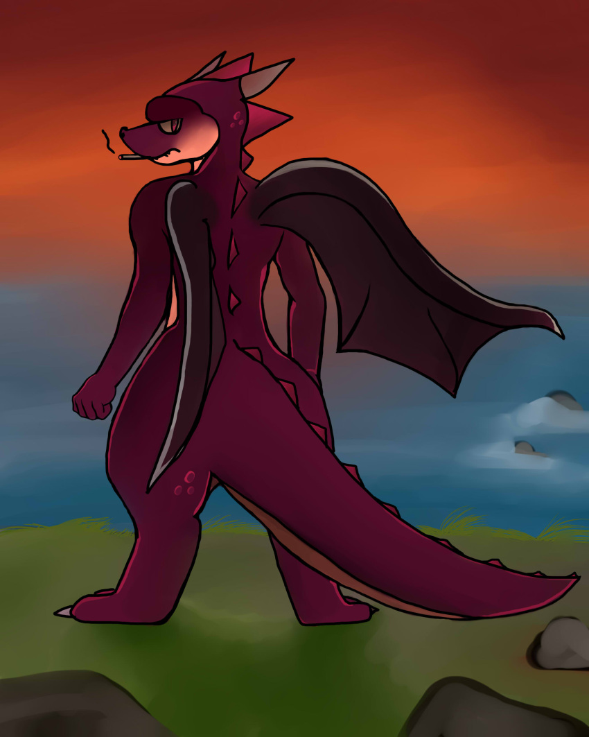 absurd_res angry annoyed anthro butt cigarette claws dark_body digital_media_(artwork) dragon furry hi_res horn iochop lizard male nude purple purple_body red_background red_body reptile ruby_red scalie simple_background smoke solo wings