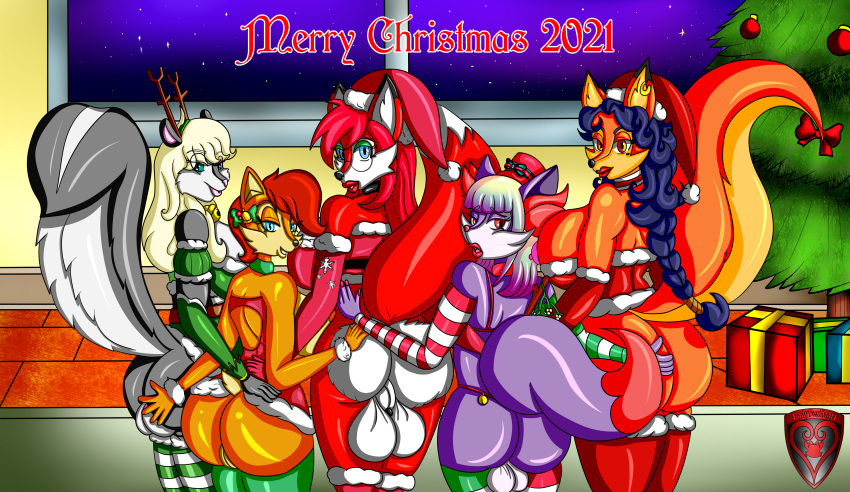 2021 absurd_res anthro archie_comics arm_warmers armwear balls bell black_collar black_nose blackfur blonde_hair blue_eyes blue_hair bracelet braixen brown_antlers brown_hair canid canine carmelita_fox chipmunk christmas christmas_clothing christmas_headwear christmas_present christmas_tree clothed clothing collar costume digital_drawing_(artwork) digital_media_(artwork) ear_piercing ear_ring embrace fake_antlers fan_character female fox fur genitals girly green_arm_warmers green_clothing green_collar green_legwear green_shirt green_stripes green_topwear grey_body grey_fur ground_squirrel group group_hug gynomorph hair hand_on_back hand_on_butt hat headgear headwear hi_res holidays hug intersex jewelry ladyfoxheart leg_warmers legwear lips logo long_hair looking_at_viewer male mammal mephitid merry_christmas mistletoe nintendo orange_body orange_eyes orange_fur pattern_arm_warmers pattern_armwear pattern_clothing pattern_leg_warmers pattern_legwear piercing pink_arm_warmers pink_clothing pink_hat pink_headwear pink_legwear pink_lips pink_nose pink_shirt pink_topwear plant pok&eacute;mon pok&eacute;mon_(species) purple_body purple_eyes purple_fur purple_hair purple_stripes pussy red_body red_clothing red_collar red_fur red_hair red_hat red_headwear red_lips red_shirt red_topwear ribbons rodent sally_acorn sally_foxheart santa_costume santa_hat sciurid sega shirt skimpy skunk sky sly_cooper_(series) smile smiling_at_viewer snowflake sonic_the_hedgehog_(archie) sonic_the_hedgehog_(comics) sonic_the_hedgehog_(series) sony_corporation sony_interactive_entertainment star starry_sky striped_arm_warmers striped_armwear striped_clothing striped_leg_warmers striped_legwear stripes sucker_punch_productions thick_lips top_hat topwear tree video_games white_arm_warmers white_balls white_body white_clothing white_fur white_hat white_headwear window writing_text