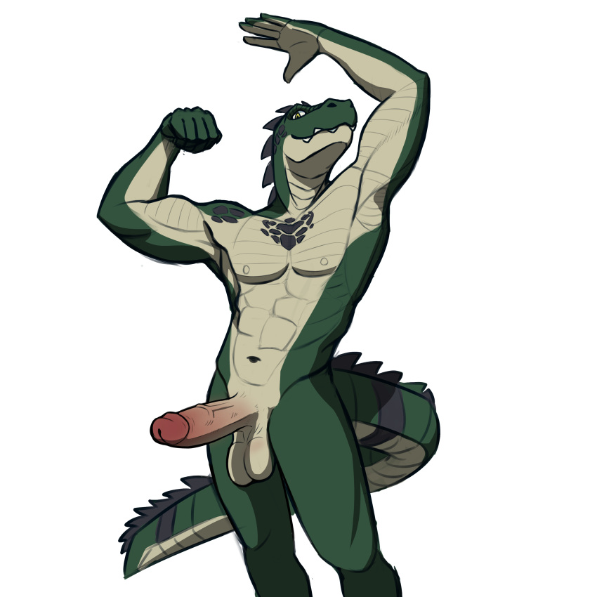 1:1 5_fingers abs absurd_res alligator alligatorid anthro areola balls biceps biped black_body black_scales black_tail crocodilian erection fingers flexing flexing_bicep flexing_muscles genitals glans green_body green_scales green_tail grin hi_res humanoid humanoid_genitalia humanoid_penis looking_at_viewer male more_picante muscular muscular_anthro muscular_male navel nipples nude pecs penis pinup pose pupils red_penis reptile saggy_balls scales scalie serratus shaded simple_background simple_coloring simple_shading smile solo teeth thick_tail urethra vein veiny_penis white_body white_tail yellow_eyes