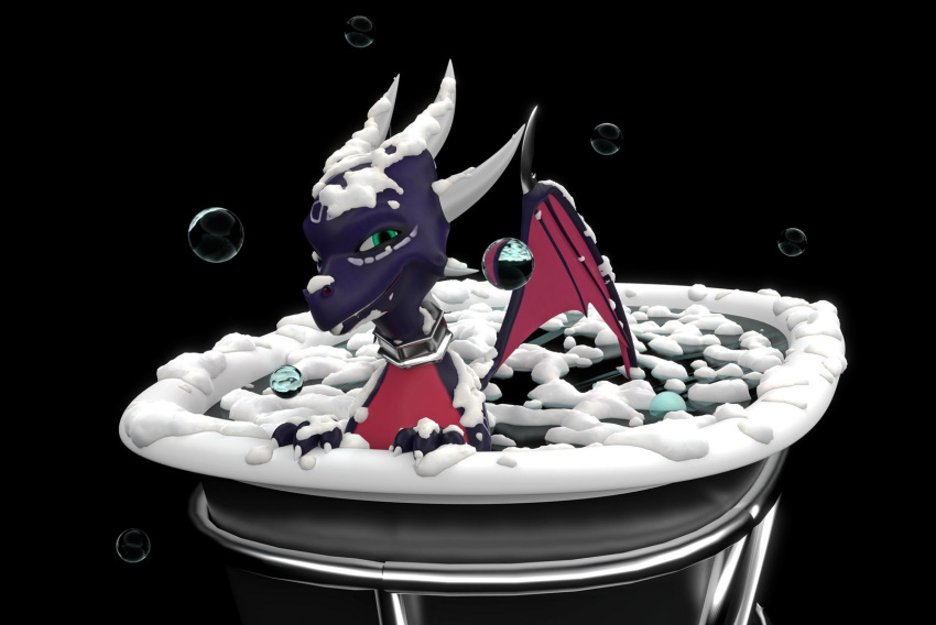 3d_(artwork) activision bathing bathtime bathtub black_background blender_(software) claws cynder digital_media_(artwork) dragon female feral hi_res horn membrane_(anatomy) membranous_wings purple_body scalie simple_background soap_bubbles solo spyro_the_dragon suds video_games western_dragon wings