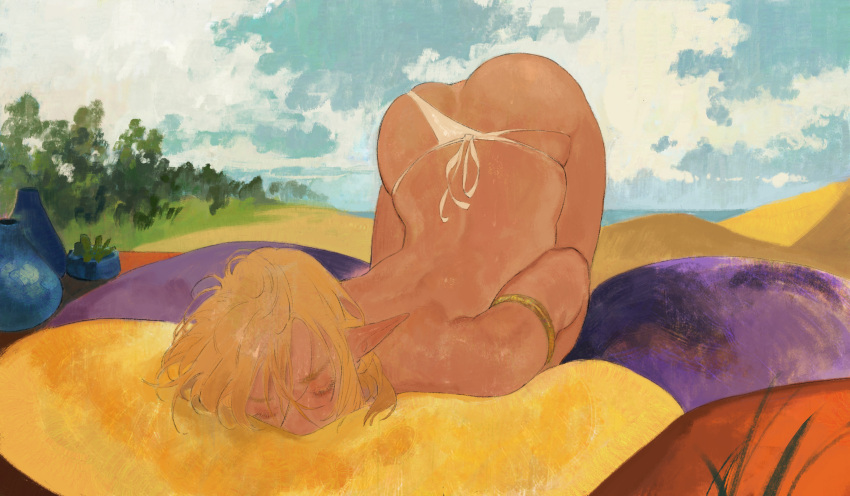 1boy absurdres armlet ass beach blonde_hair closed_eyes clothing_aside cloud day eyelashes facing_viewer grass hair_between_eyes highres implied_masturbation link male_focus nature outdoors panties panties_aside pillow pointy_ears sand skindentation sky solo tairou the_legend_of_zelda the_legend_of_zelda:_breath_of_the_wild top-down_bottom-up topless_male underwear underwear_only vase white_panties