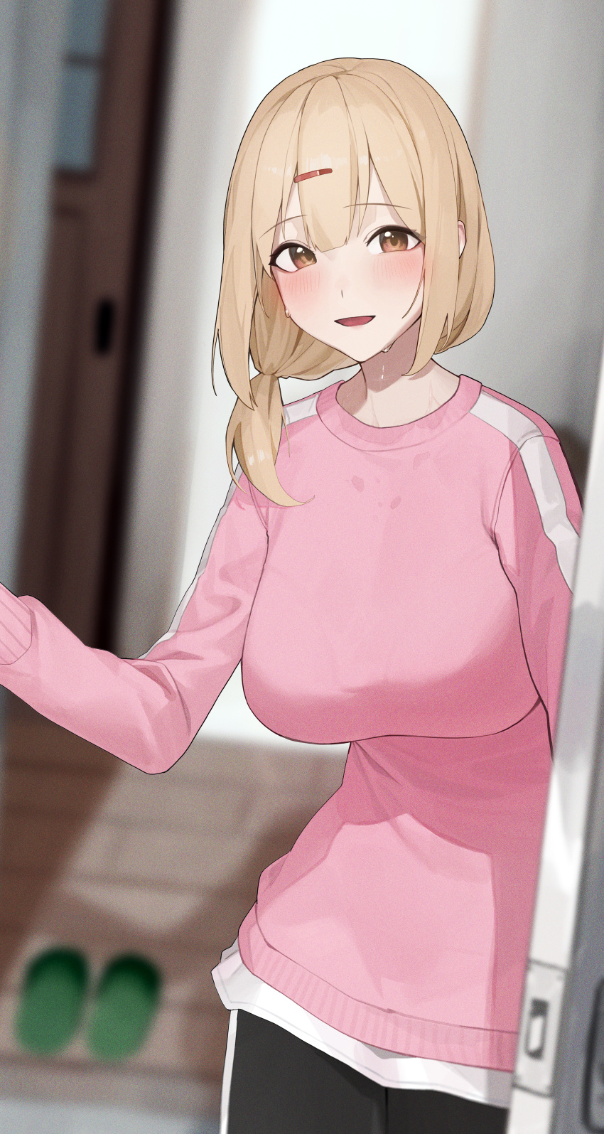 1girl absurdres bangs black_pants blonde_hair blurry blurry_background blush breasts commentary door doorway dripping hair_between_eyes hair_ornament hair_tie hairclip highres house indoors jahy-sama_wa_kujikenai! large_breasts long_sleeves looking_at_viewer open_mouth opening_door orange_eyes pants pink_shirt pov_doorway shirt slippers smile so_shio striped striped_legwear striped_shirt sweat sweaty_clothes tenchou_(jahy) white_stripes